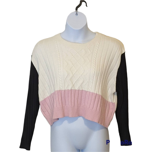 Pink Black Cream Loose Fit Color Block Cropped Sweater Size 1X NWT - Picture 1 of 2
